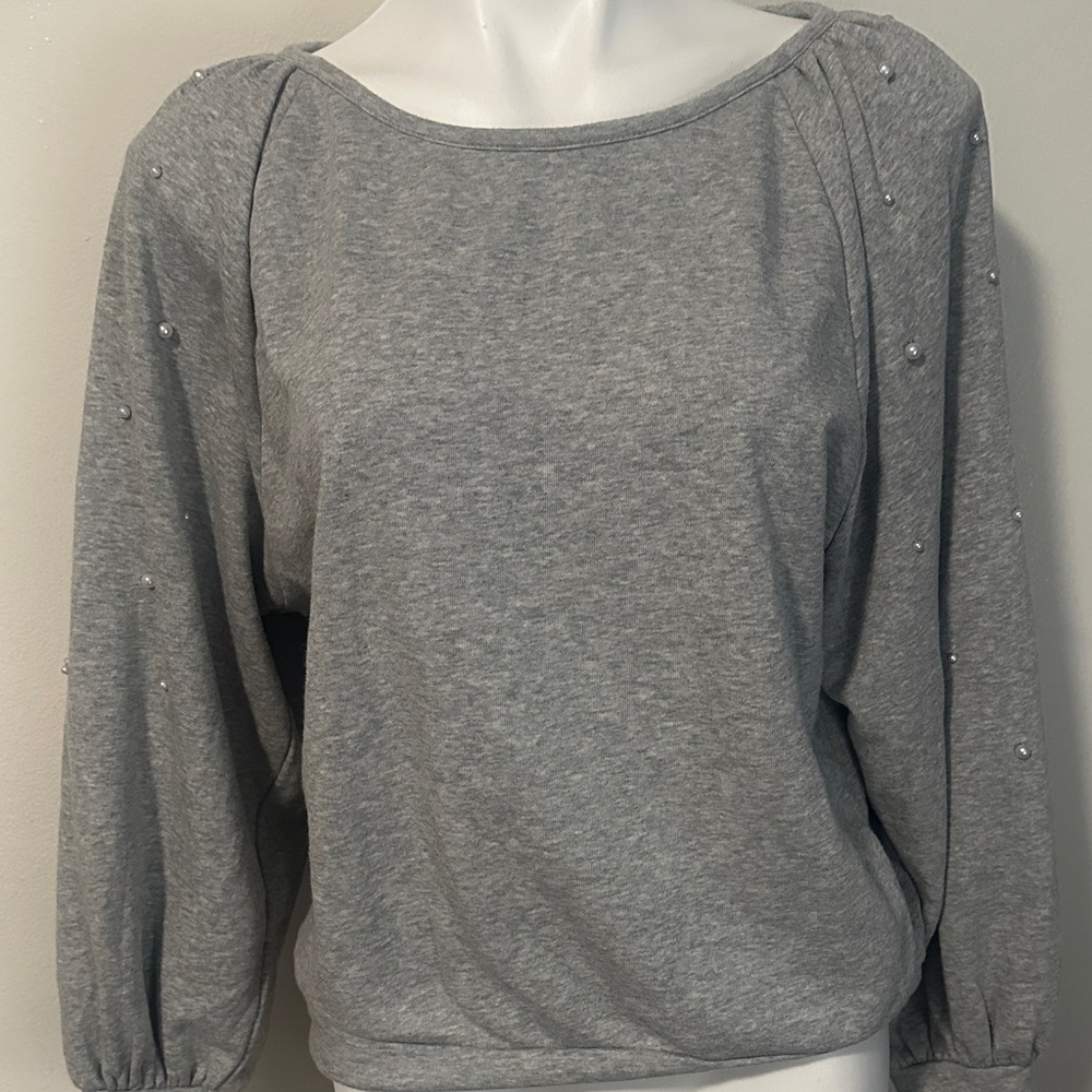 LOFT Gray Sweatshirt with Pearl Accents